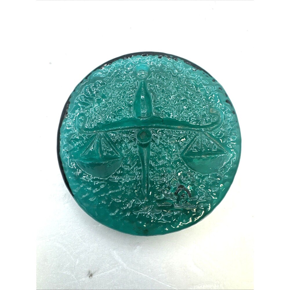 Blenko teal green glass zodiac paperweight featuring the Libra scales of Justice